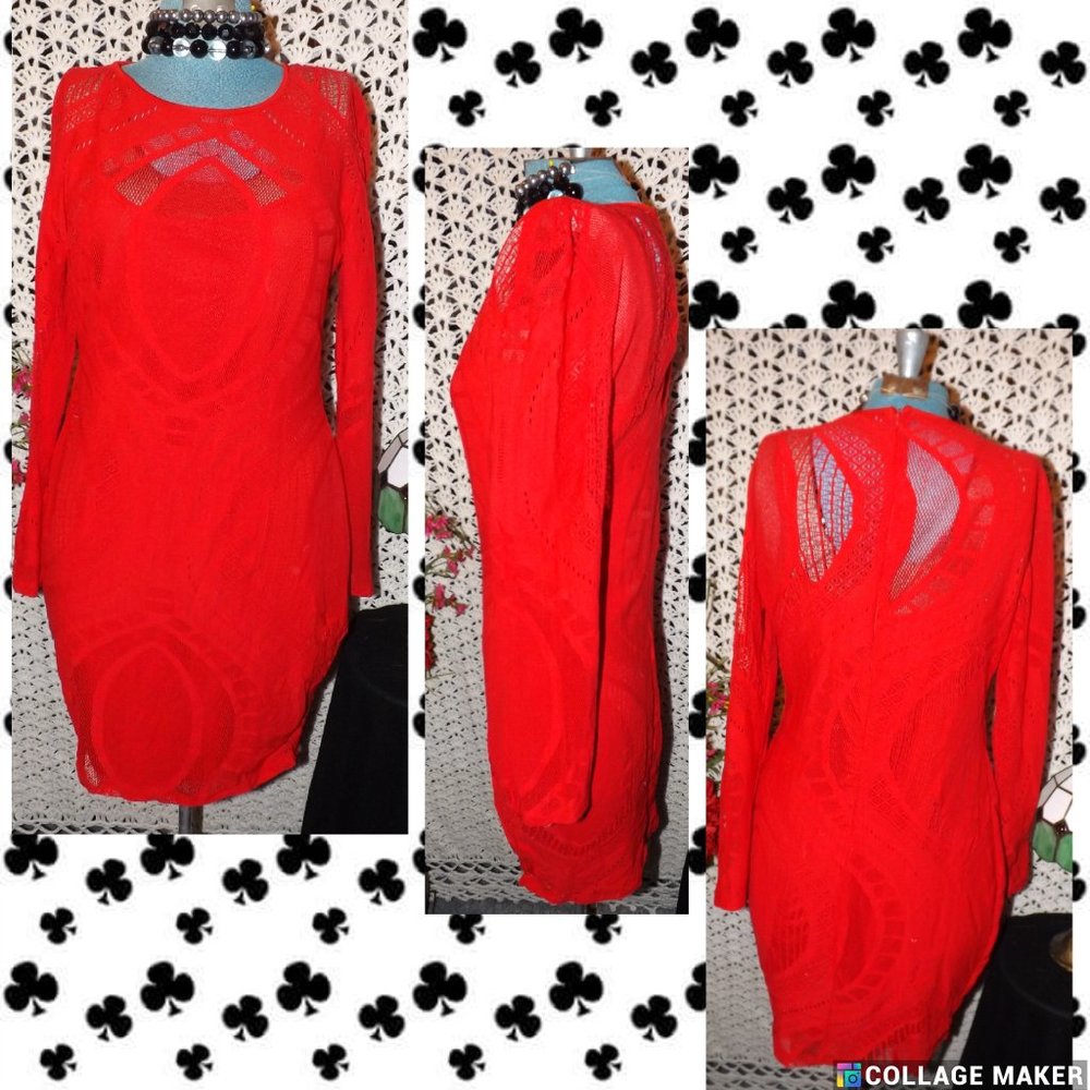 Unknown Maker Long Sleeve Red Lace Like Fabric With Liner Short Dress
